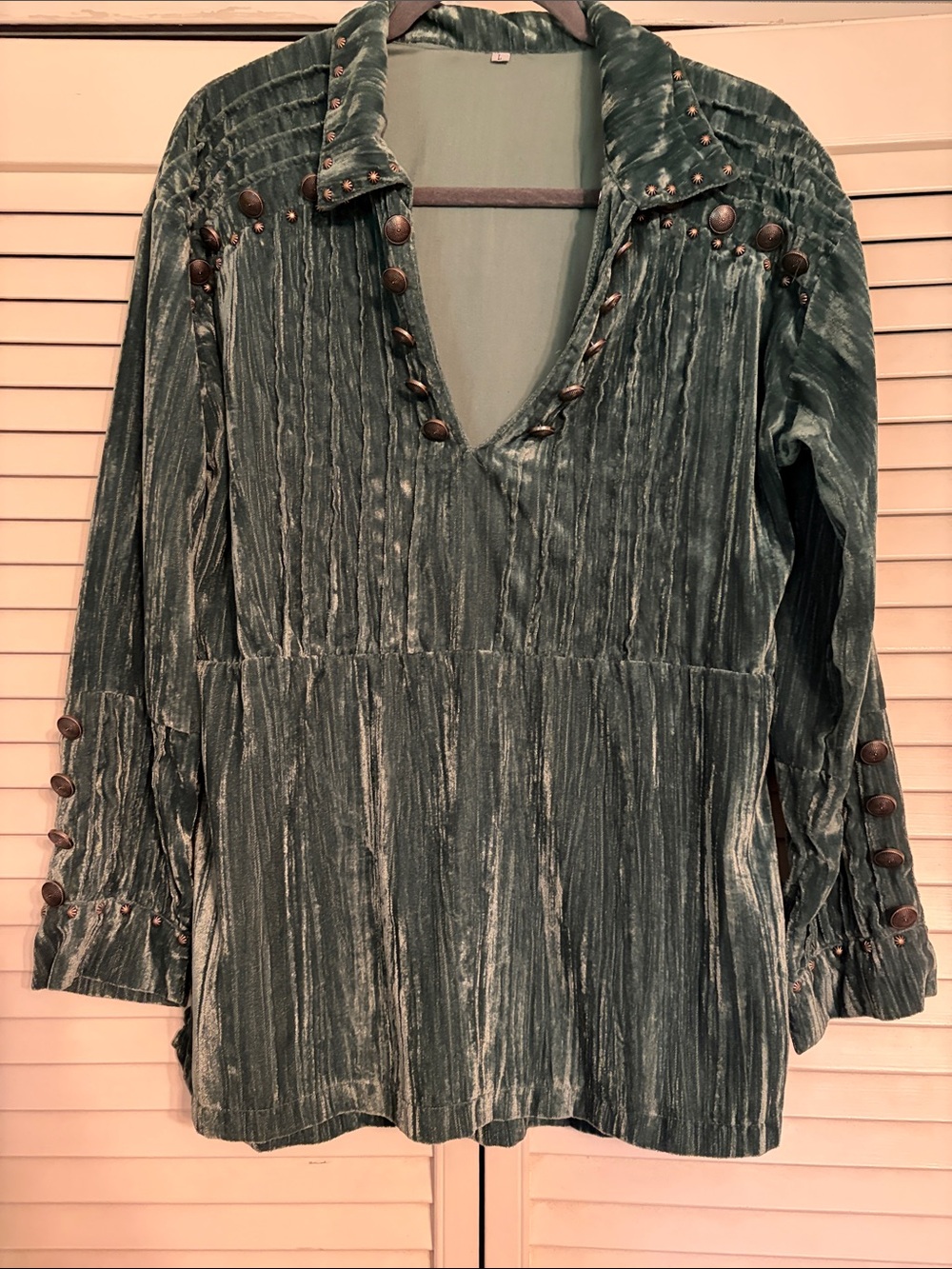 Boho Western Velvet deep V neck Top in Green with Button and Metal Accents
